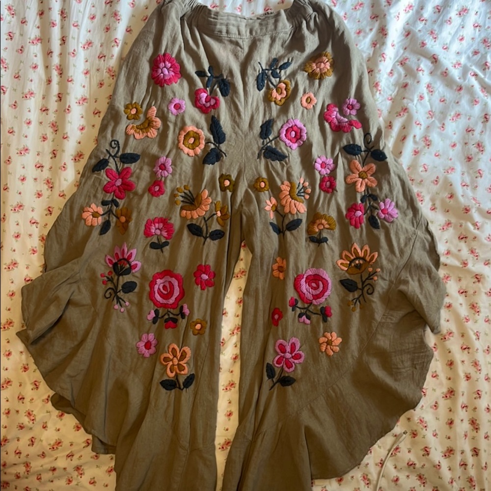 Floral Embroidered Wide-Leg Pants